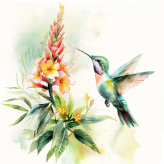 A vibrant hummingbird hovering near colorful flowers in a soft, artistic illustration.