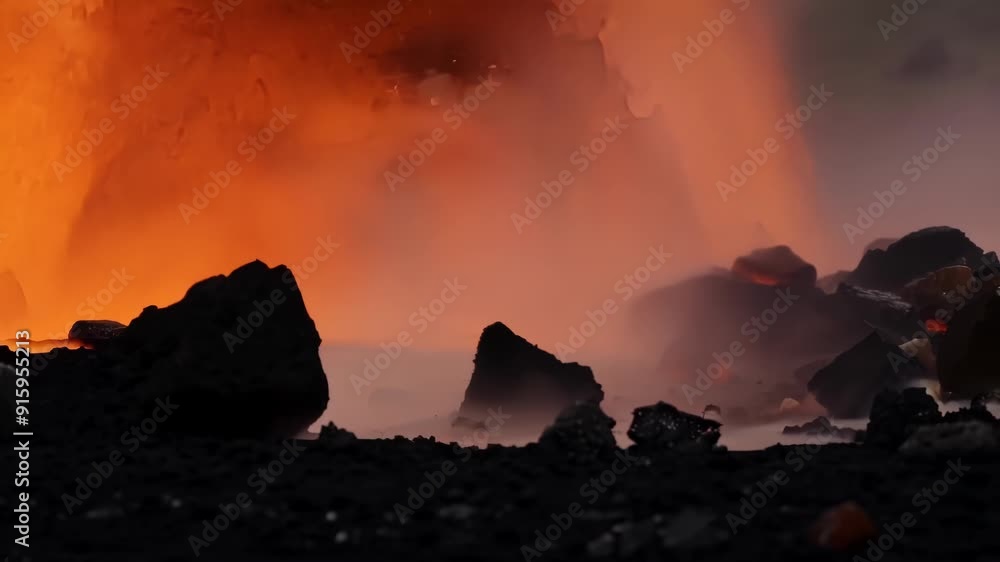 Poster In the foreground small rocks and debris are engulfed by the lava emphasizing the destructive nature of this fiery force.