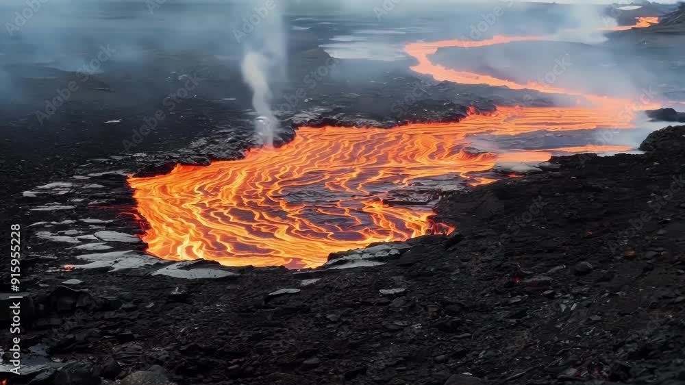 Poster A mesmerizing closeup of the molten lava flowing over sharp rocks creating a molten river of glowing lava.