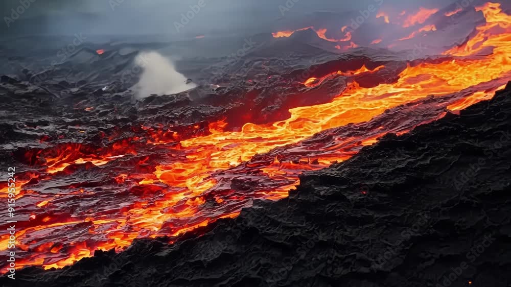 Poster A closeup of a crackling glowing lava flow shifting and changing as it cools revealing deep red and orange colors.