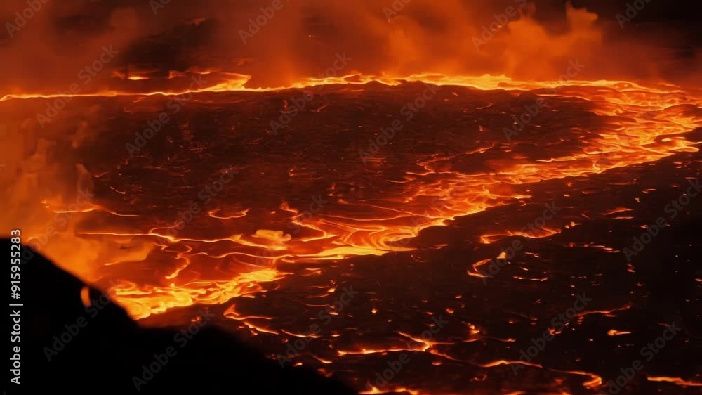 Poster eerie shadows dancing across the surface of the glowing lava highlighting its mesmerizing texture an