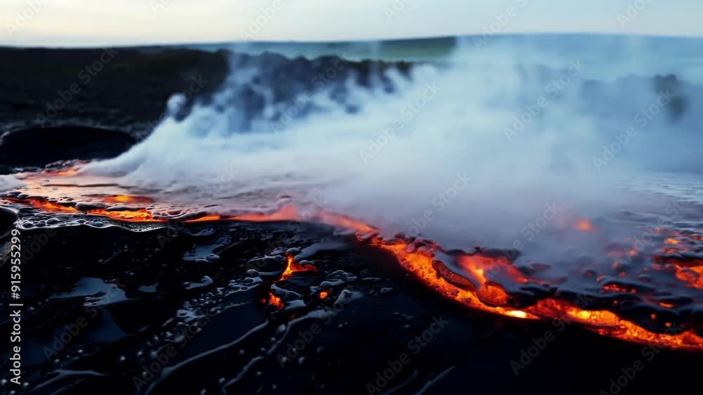 Poster steam rising off of the glowing lava as it makes contact with cool water creating a striking contras