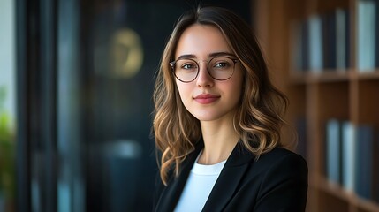 Stock photo of a poised young female lawyer, elegant posture, in a modern office, soft lighting, and a slight smile