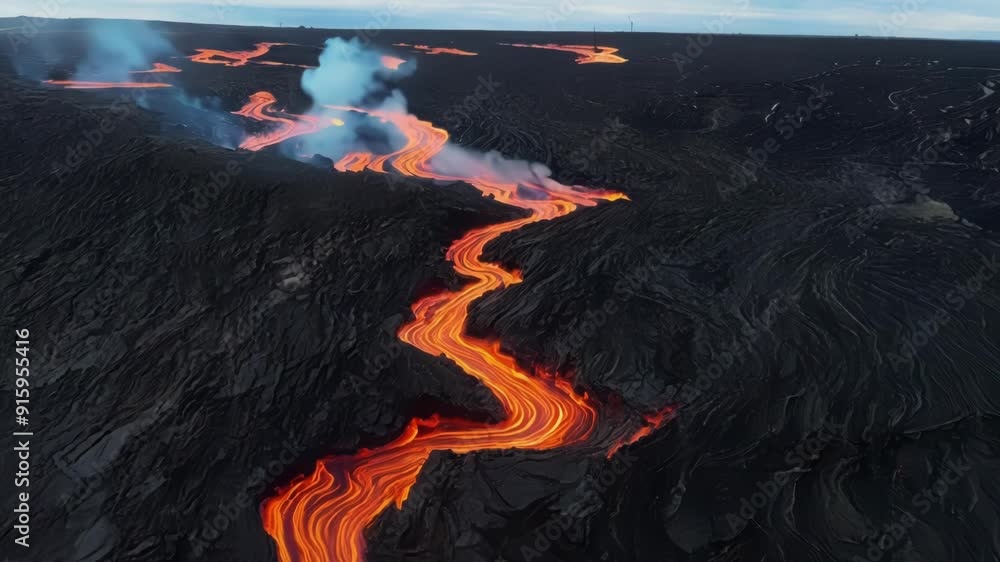 Aufkleber A birds eye view captures the striking patterns of a lava flow from above with ribbons of red and orange spreading out and intertwining like a fiery maze creating a stunning