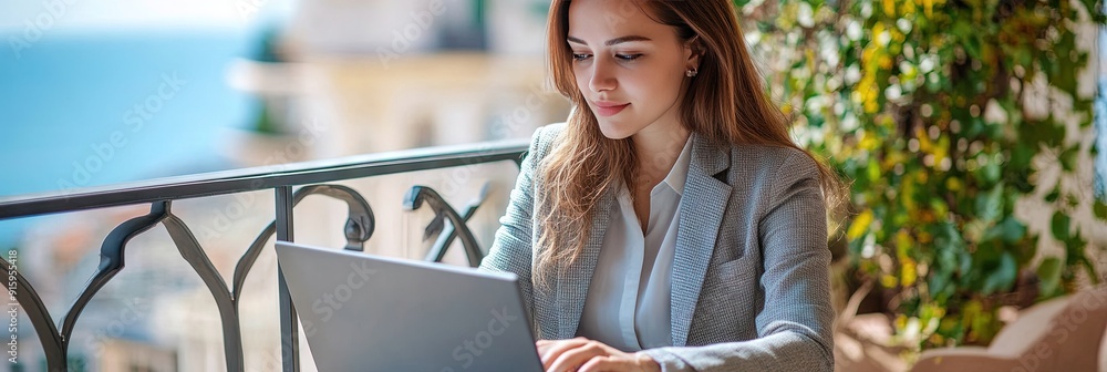 Wall mural woman working on laptop, on park bench,