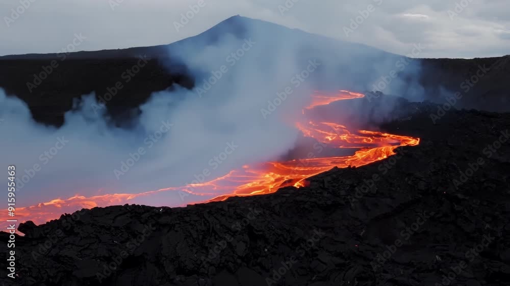 Poster intense heat and steam rising from a fissure in the ground as bright red lava oozes out and flows do