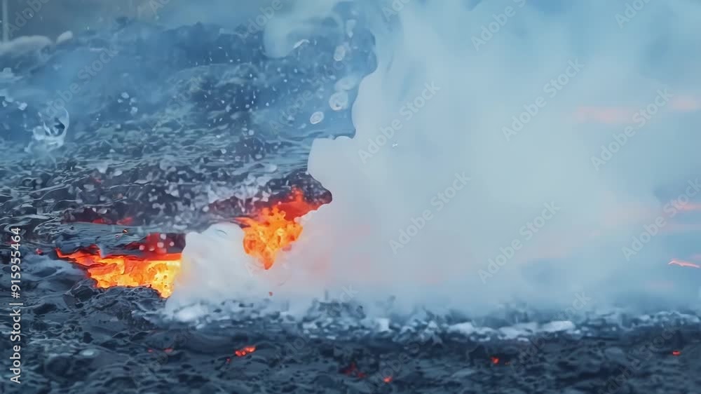Poster The sizzling and spitting of lava as it comes into contact with water causing intense steam and occasional explosive reactions.