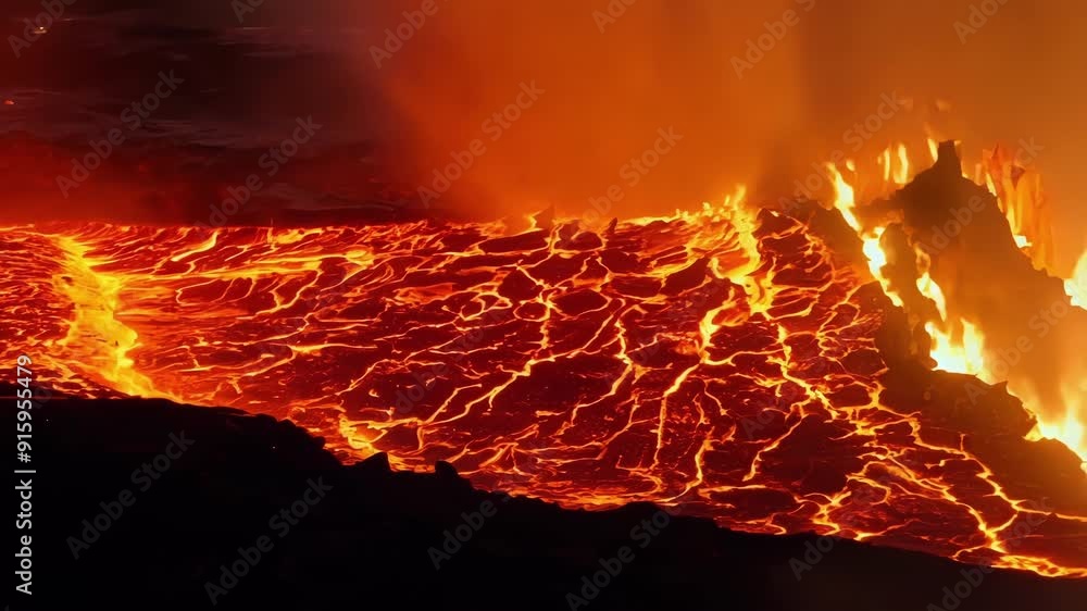 Poster the vibrant colors of a lava flow from bright orange in the center to dark red and black towards the