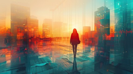 Fototapeta premium A silhouette of a woman walking through a futuristic urban landscape at sunset, symbolizing ambition, modernity, and the future of cities. 