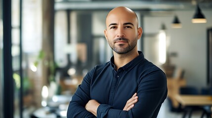 Headshot of a tech startup founder, minimalist aesthetic, clean workspace background, embodying innovation