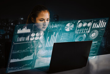 Big Data Technology for Business Finance Analytic Concept. Modern interface shows massive information of business sale report, profit chart and stock market trends analysis on screen monitor. uds