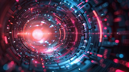 Fototapeta premium A vibrant, futuristic digital tunnel illuminated by red and blue glowing lights, symbolizing advanced technology, data flow, and innovation. 