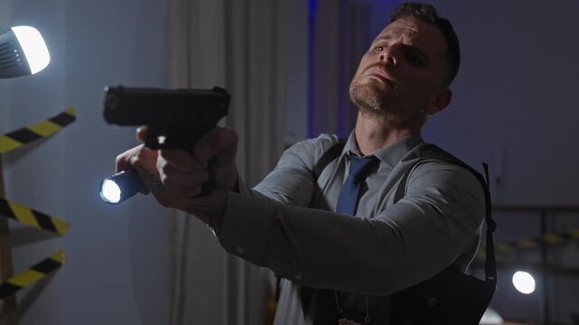 Detective man searches indoor crime scene with flashlight and gun in living room at night