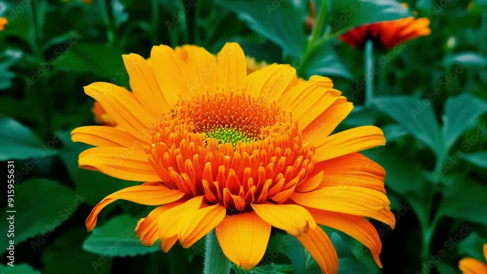 Poster Bright orange marigolds take center stage their multiple layers of petals creating a burst of color against a green background.