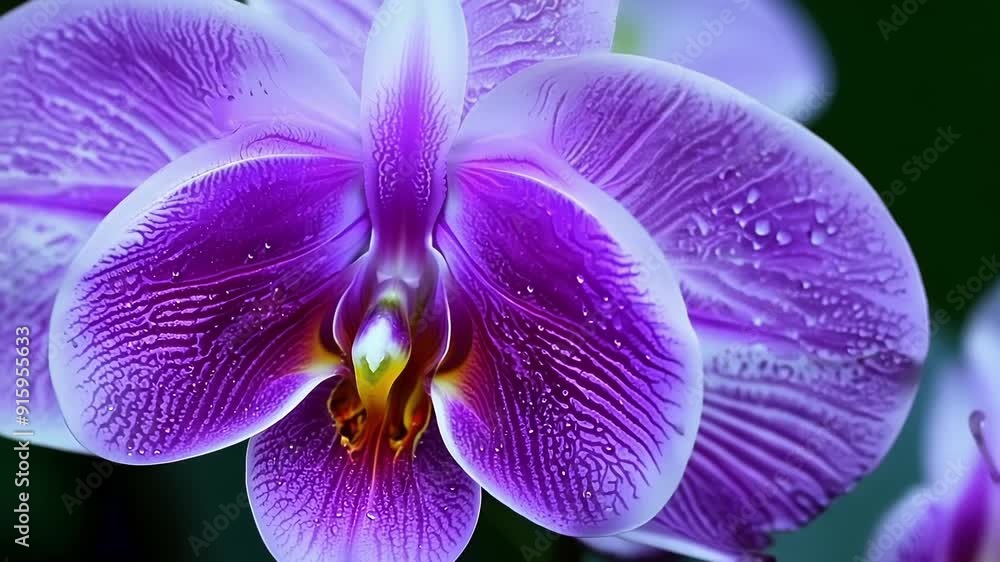 Poster a closeup of a purple orchid reveals a velvety texture and intricate patterns that seem almost other