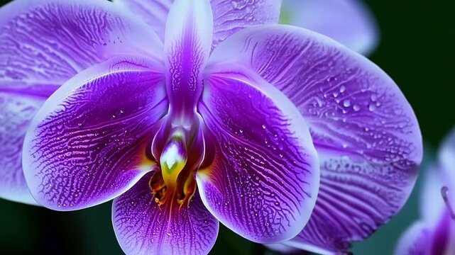 A closeup of a purple orchid reveals a velvety texture and intricate patterns that seem almost otherworldly.