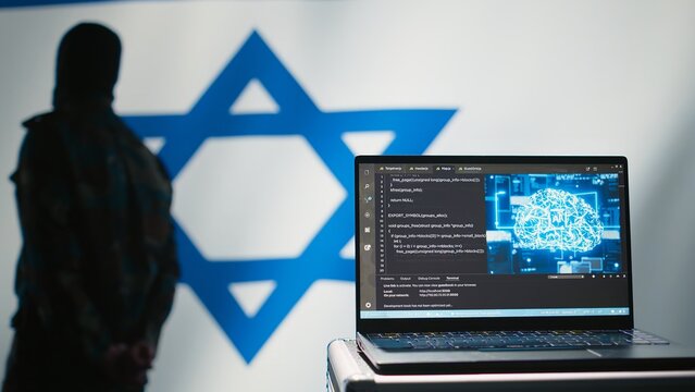 AI software on laptop used by state of Israel security services to prevent terrorism attacks. Artificial intelligence tech used by Mossad agency to defend borders, isolated over Israeli flag, camera B