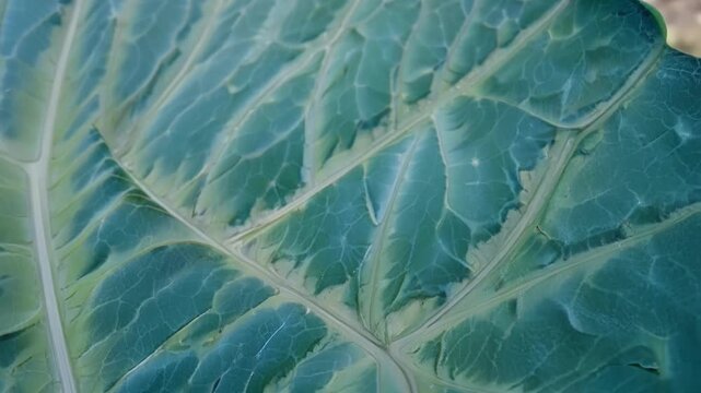 An upclose shot of the intricate web of s on a succulents leaf resembling a road map carved into its surface.
