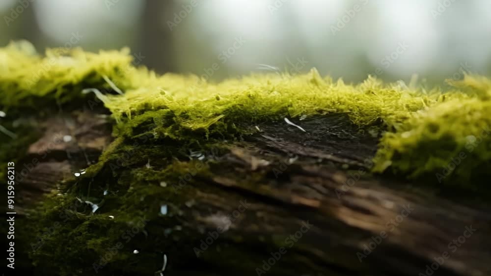Poster Delicate strands of fuzzy moss reach out in all directions creating a soft and inviting texture on the surface of a fallen log.
