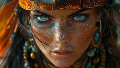 Fototapeta premium Female pirate with intense gaze, wearing ornate jewelry and a tricorn hat, vibrant colors