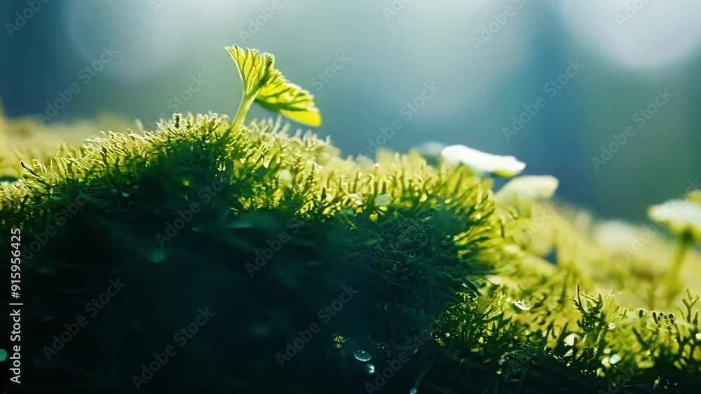Poster the camera moves in to showcase the tiny s of mini ferns sprouting up from a bed of soft velvety mos