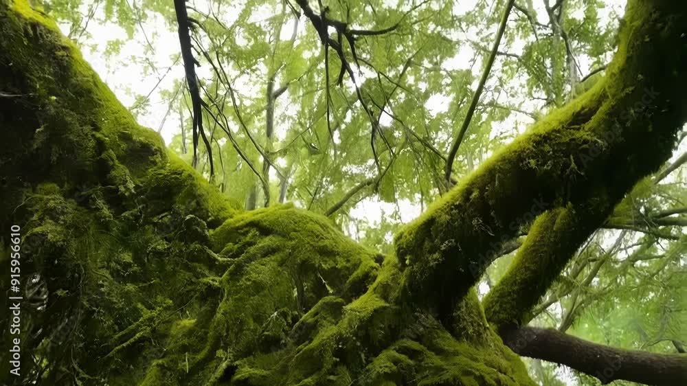 Poster Fuzzy mosscovered branches wrap around each other creating a cozy and inviting canopy in the forest.