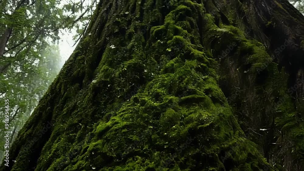 Poster the velvety texture of bright green moss contrasts against the rough bark of a towering tree trunk.
