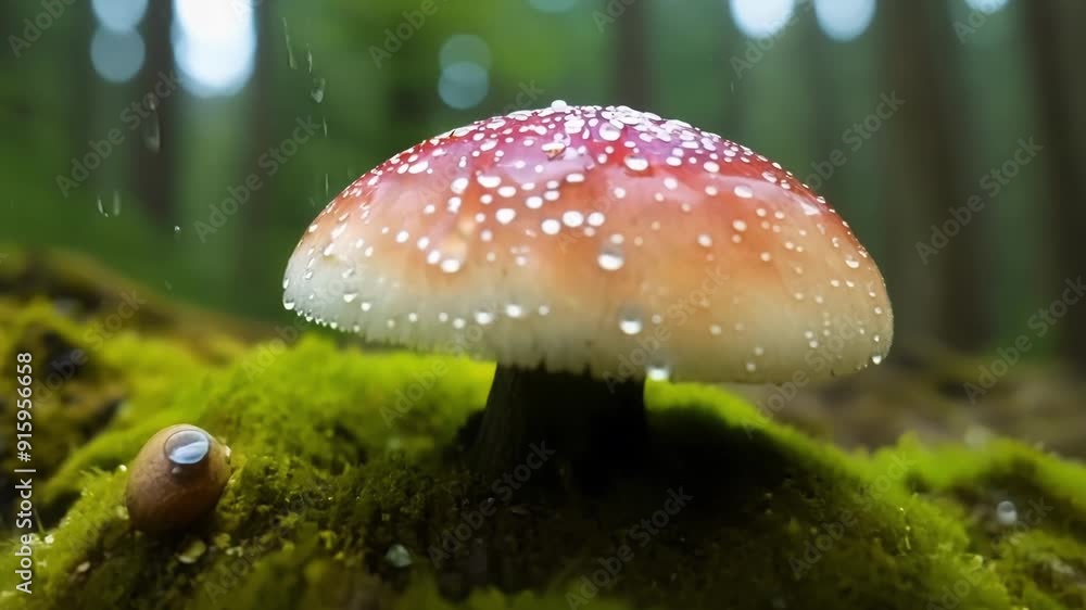 Poster a small vibrant mushroom bursts through a bed of velvety moss adding a pop of color to the damp fore
