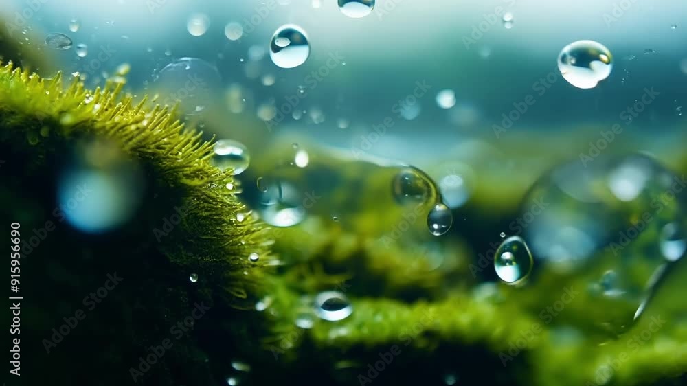 Aufkleber A closeup of the intricate pattern of water droplets on moss resembling a miniature forest ecosystem.