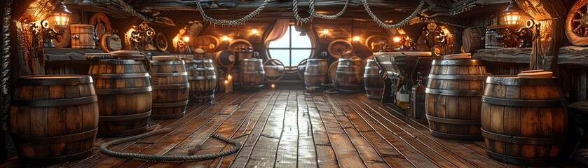 Fototapeta premium Rustic pirate ships galley, wooden barrels and ropes, warmly lit by lanterns, creating a cozy, authentic scene
