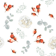 Rose flowers, red rosehip berries, gray leaves, white background. Floral illustration. Vector seamless pattern. Botanical design. Garden nature plants