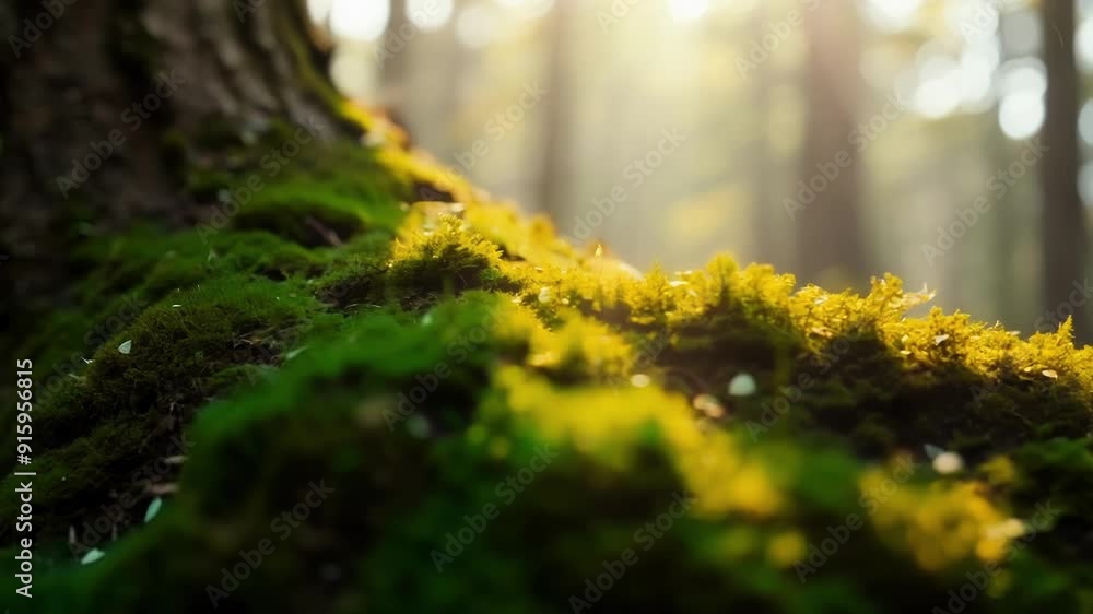 Poster Soft sunlight shines through the canopy to illuminate a small patch of moss on the bark of a tree highlighting its intricate pattern and vibrant color.