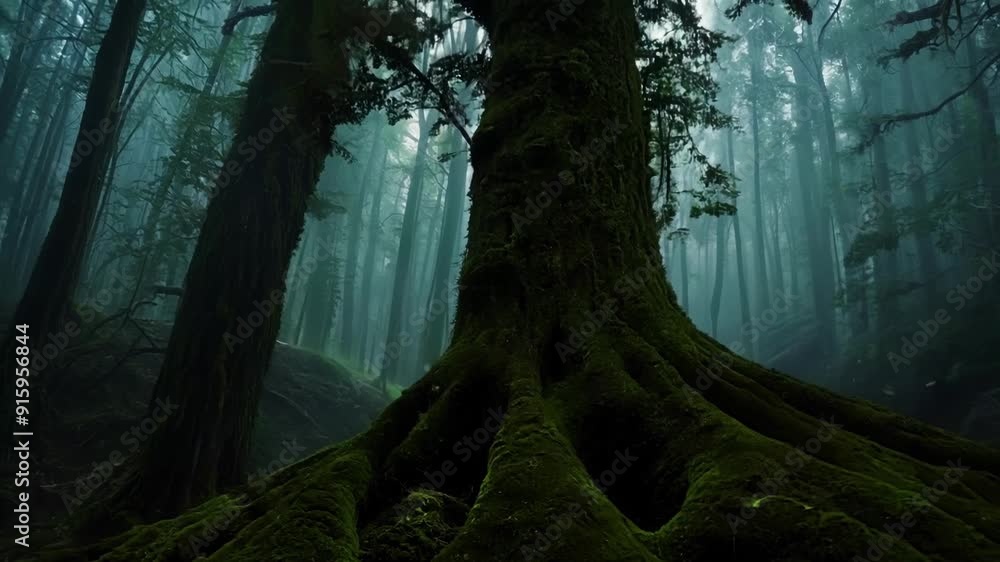 Poster a solitary tree stands in a forest adorned with a blanket of velvety mosses that seem to glow in the