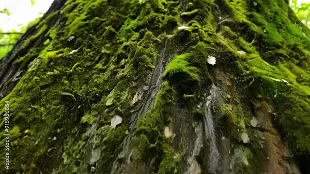 Poster The rough and rugged bark of a tree is transformed into a canvas of vibrant green as mosses add a pop of color and life to its surface.