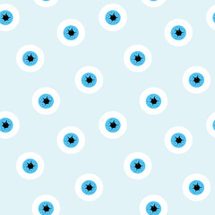 Y2k seamless pattern with blue isolated eyes. Doodle flat style drawn illustration