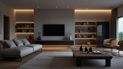 Home cinema, living room with colored LED lighting - Smart home. Big Tv In A Living Room. Elegant living room with big tv screen. Colored LED lit living room with home theater. 