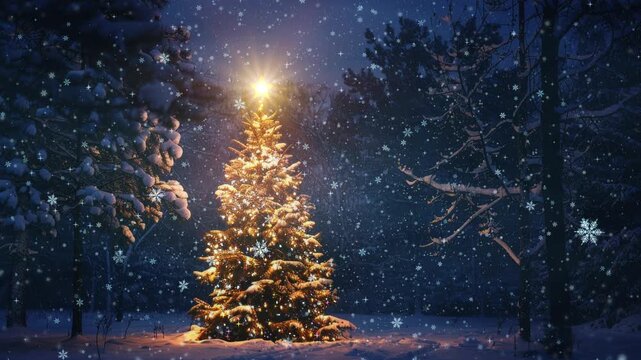 Snowy Christmas Scene: A Winter Forest with a Glowing Xmas Tree, Falling Snow in the Frozen Landscape, and a Magical Atmosphere Under the Evening Sky