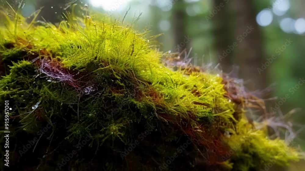 Poster a clump of moss clings to the side of a tree its delicate filaments tinged with shades of red purple