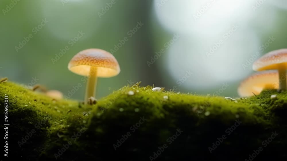 Poster slow motion footage of tiny mushrooms sprouting up a the soft velvety green moss capturing the magic