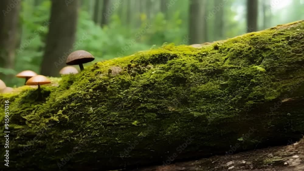 Poster A timelapse video of moss slowly creeping over a fallen log accompanied by a variety of different mushrooms popping up along its path.