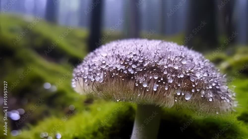 Poster a closeup shot of a tiny mosscovered mushroom showcasing the fine hairs and delicate gills on its ca