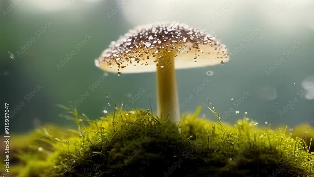 Leinwandbilder A side view of a tall thin mushroom standing a a bed of fluffy moss creating a unique and intriguing composition.