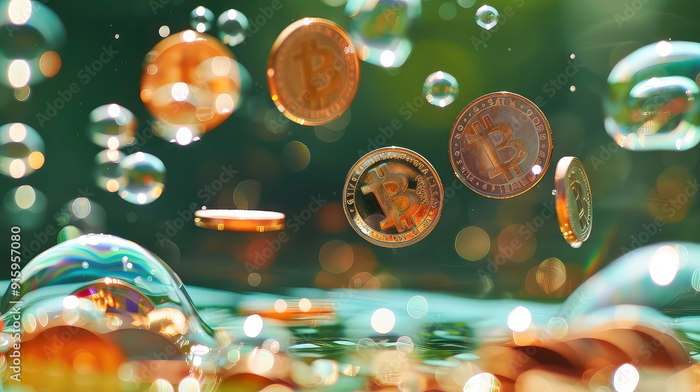 Poster golden bitcoin coins floating in the air with water droplets and a bubble in the foreground. the bac