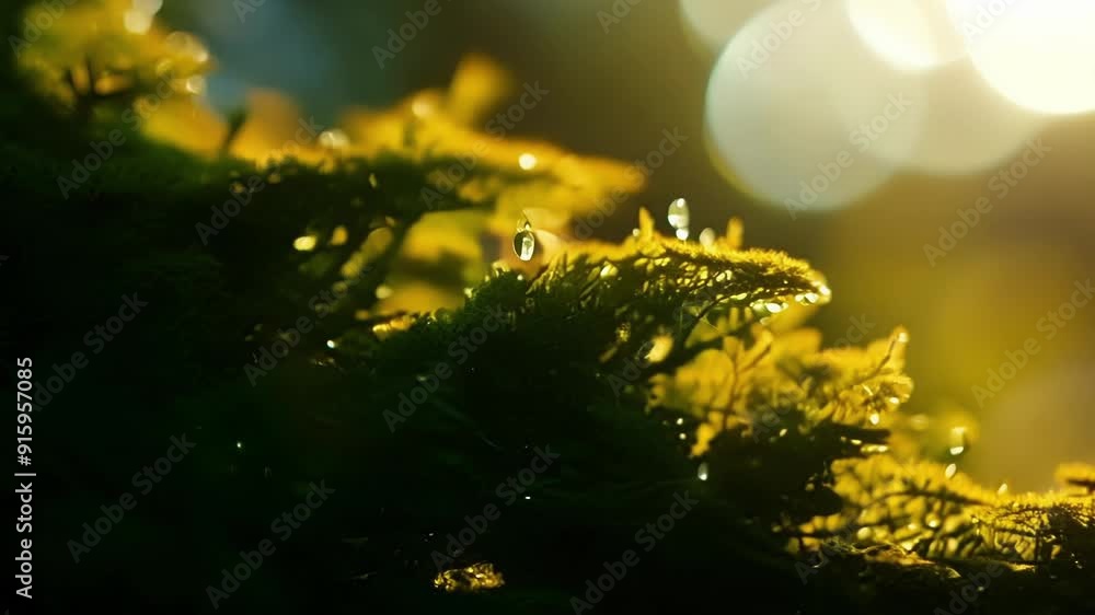 Poster Closeup of tiny delicate moss leaves stretching towards a patch of sunlight creating a beautiful contrast in the dark shade.