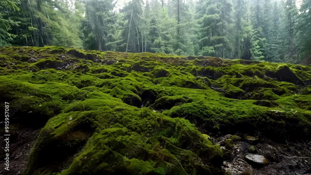 Poster timelapse footage of moss slowly spreading and creeping along the damp and shady ground creating a l