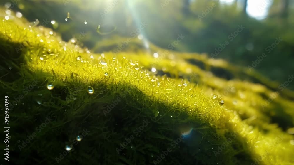 Poster A macro shot of fuzzy velvety moss leaves with intricate patterns and textures illuminated by a ray of sunlight in the otherwise shadowy undergrowth.