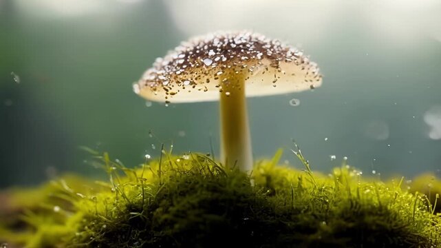 A side view of a tall thin mushroom standing a a bed of fluffy moss creating a unique and intriguing composition.