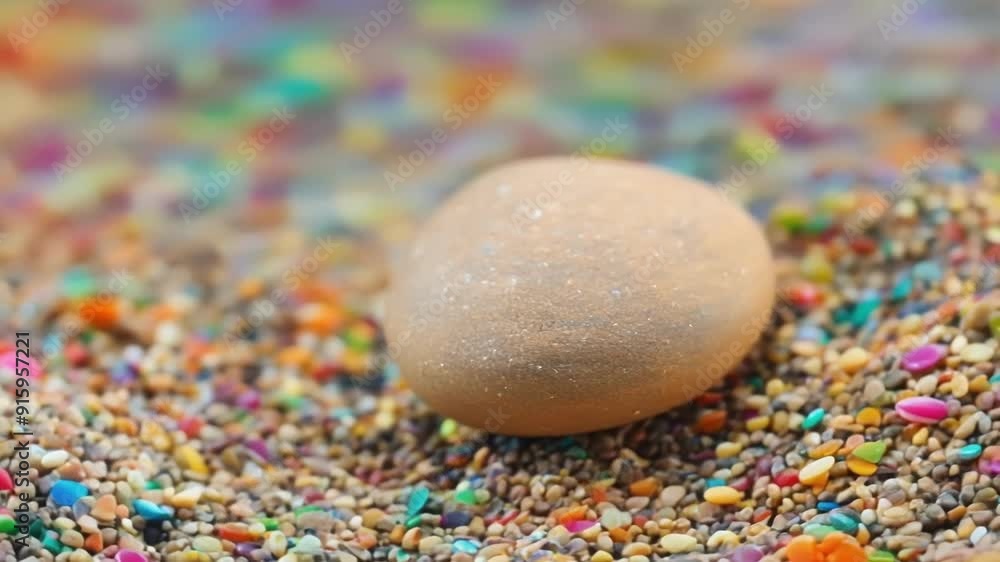 Poster A single pebble resting on a bed of colorful sand showcasing its unique shape and texture against the soft grains.