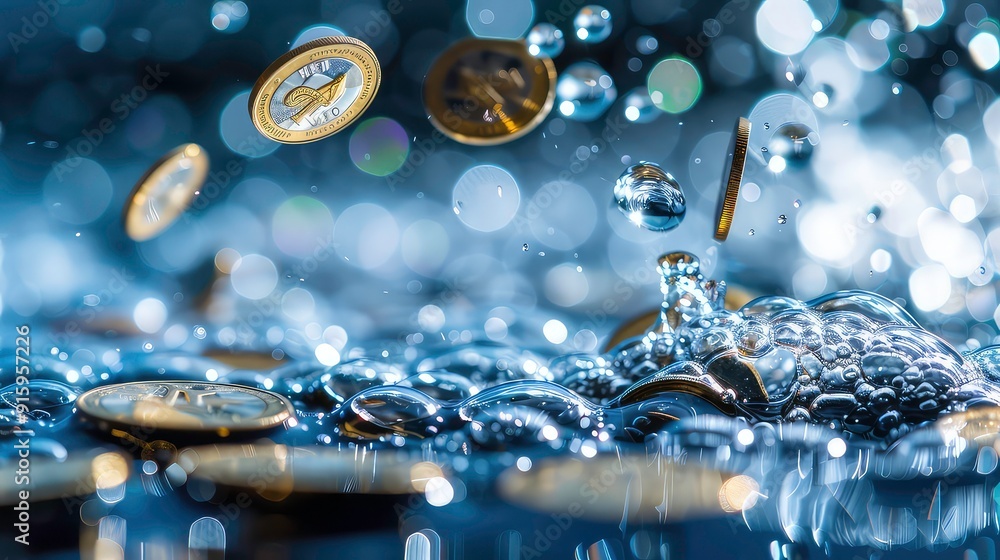 Poster gold coins falling into water with a bokeh background, creating a mesmerizing effect with water drop