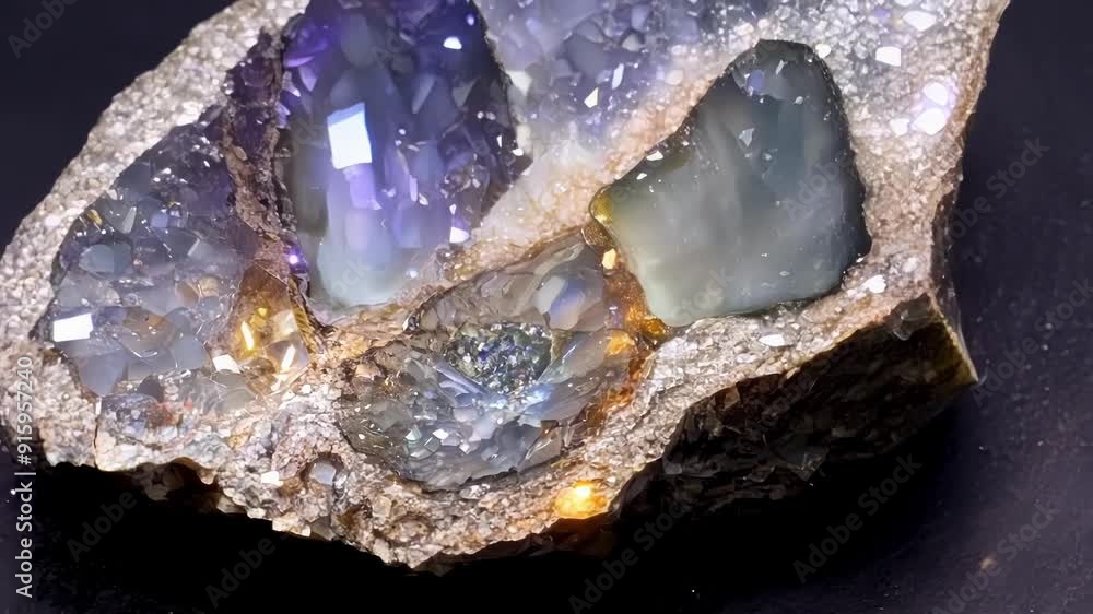 Poster close up of a rock split in half exposing a sparkling geode interior full of crystals and shimmering